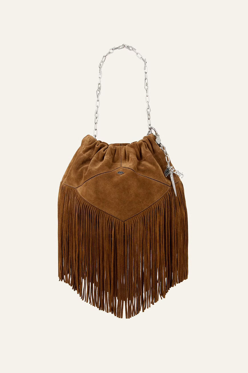 Ba&sh - Mini Tote June Cuir Suédé Marron à Frange