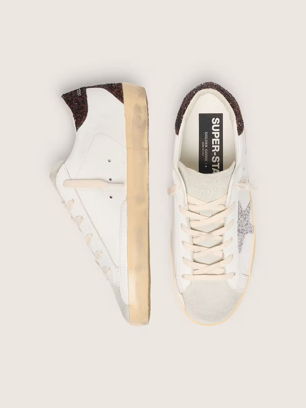 Golden Goose Super-Star, étoile argentée et contrefort pailleté marron