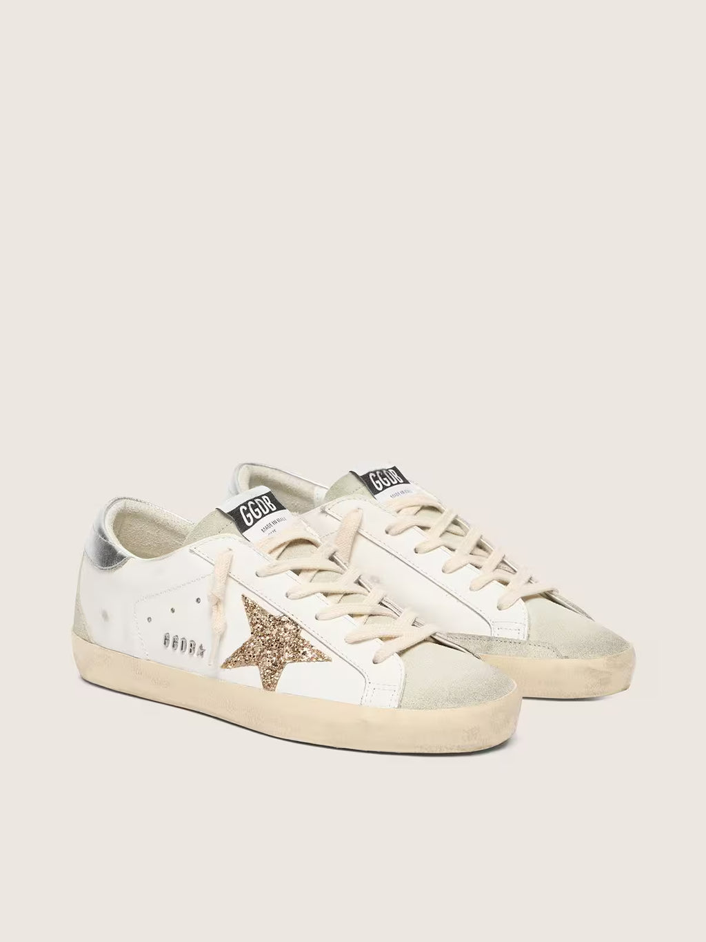 Golden Goose Super-Star, étoile paillettes dorées et empiècements daim gris froid