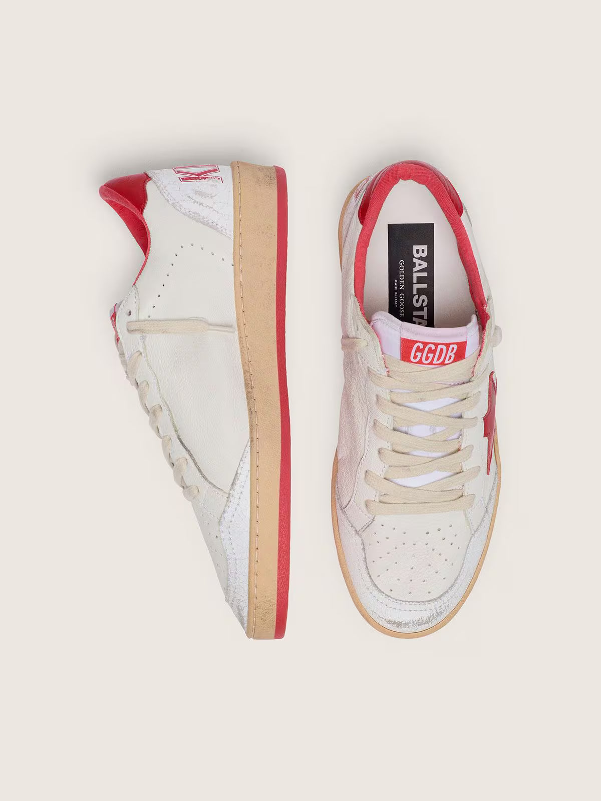 Golden Goose - Ball Star Cuir Blanc, Étoile & Contrefort Rouges