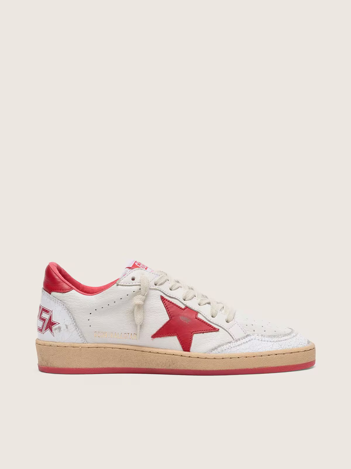 Golden Goose - Ball Star Cuir Blanc, Étoile & Contrefort Rouges
