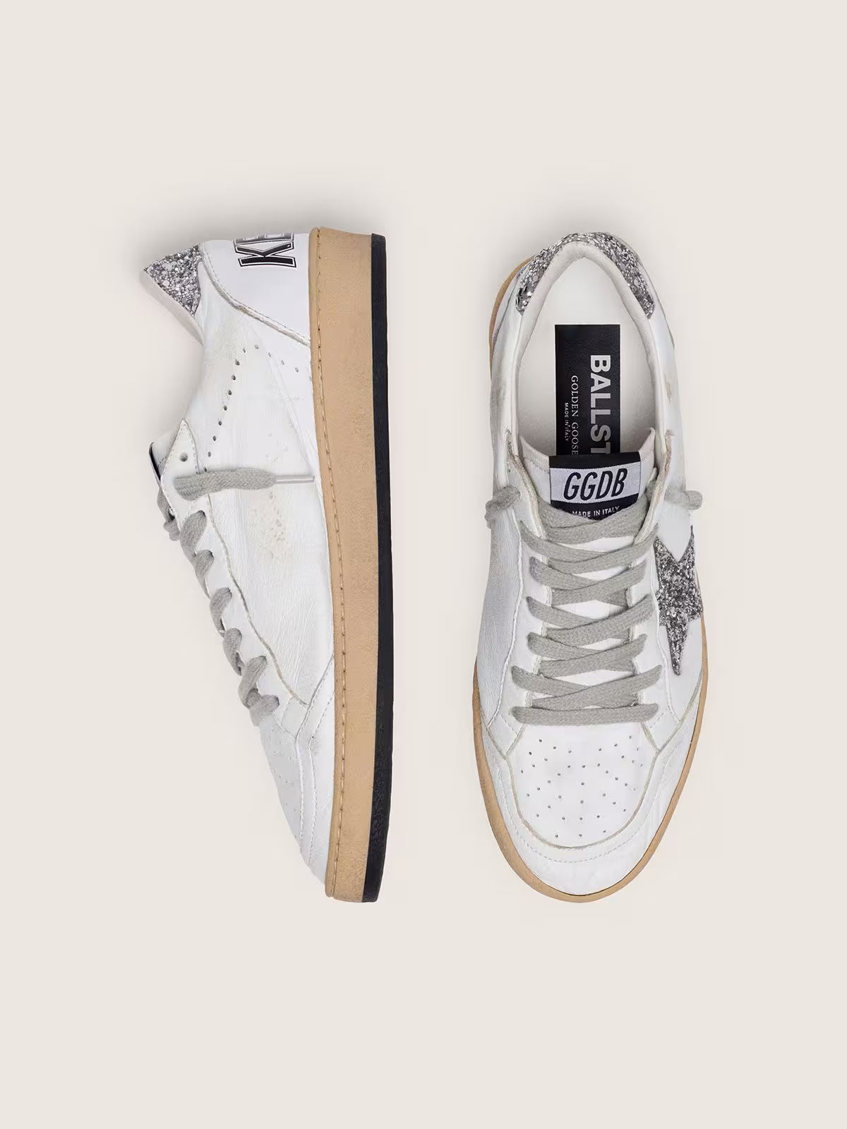 Golden Goose - Ball Star cuir nappa blanc, étoile & contrefort à paillettes argentées