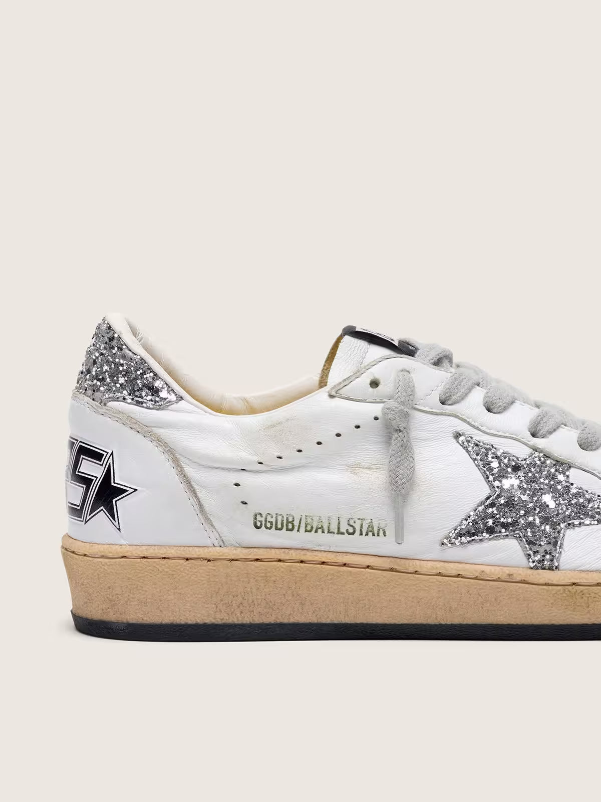 Golden Goose - Ball Star cuir nappa blanc, étoile & contrefort à paillettes argentées