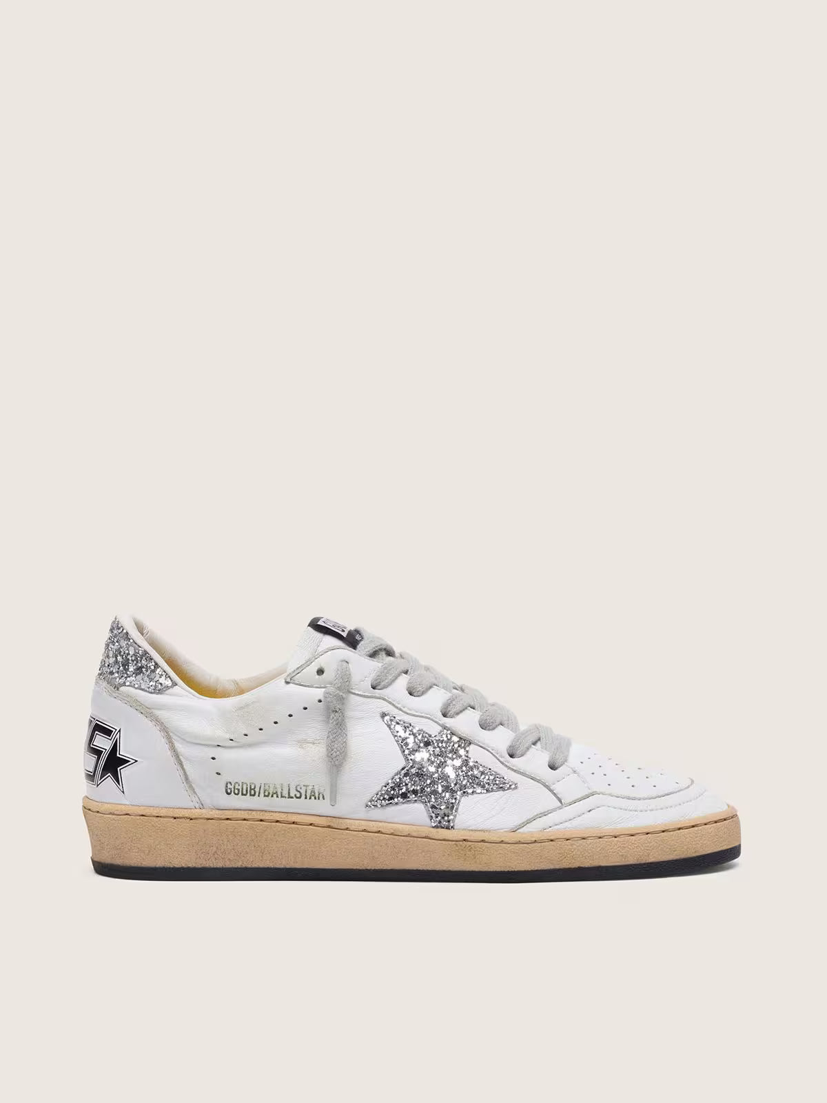 Golden Goose - Ball Star cuir nappa blanc, étoile & contrefort à paillettes argentées