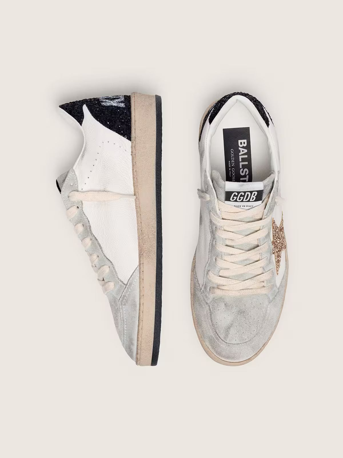 Golden Goose - Ball Star cuir nappa blanc, étoile à paillettes dorées & contrefort noir