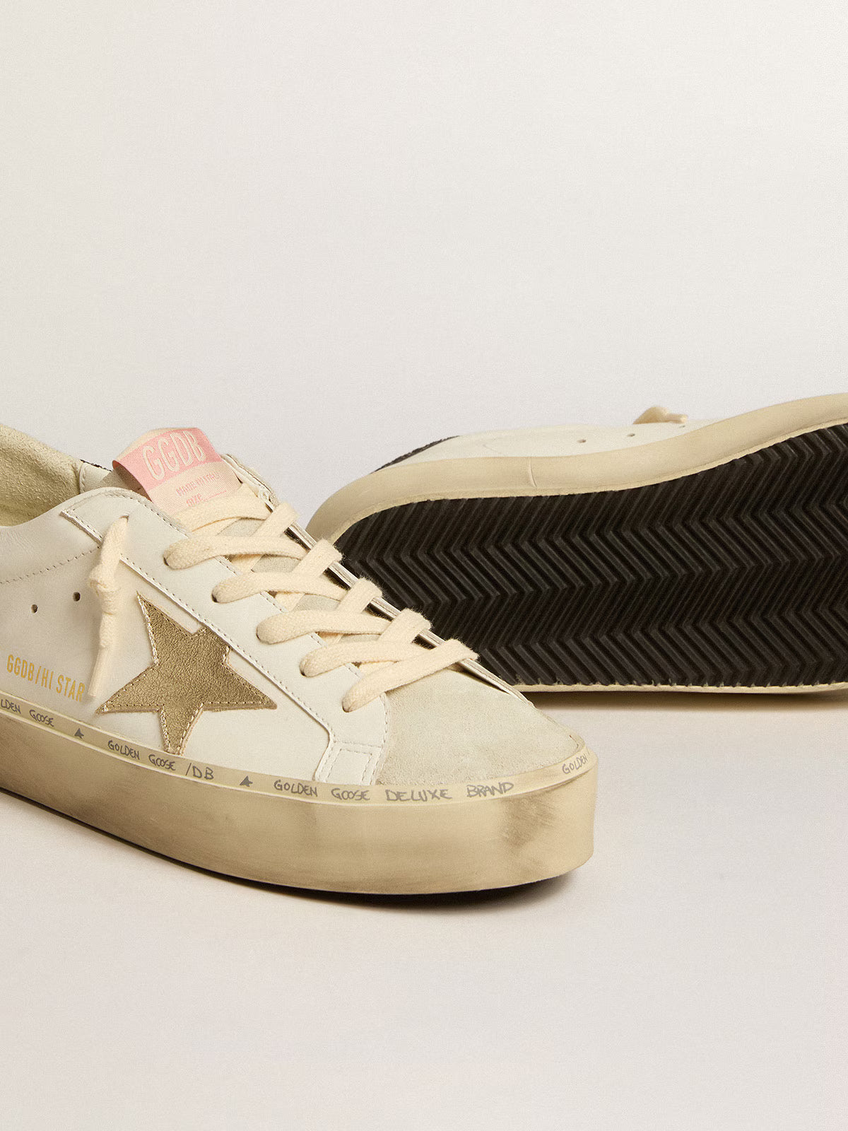 Golden Goose Hi Star, étoile cuir lamé platine, contrefort à paillettes