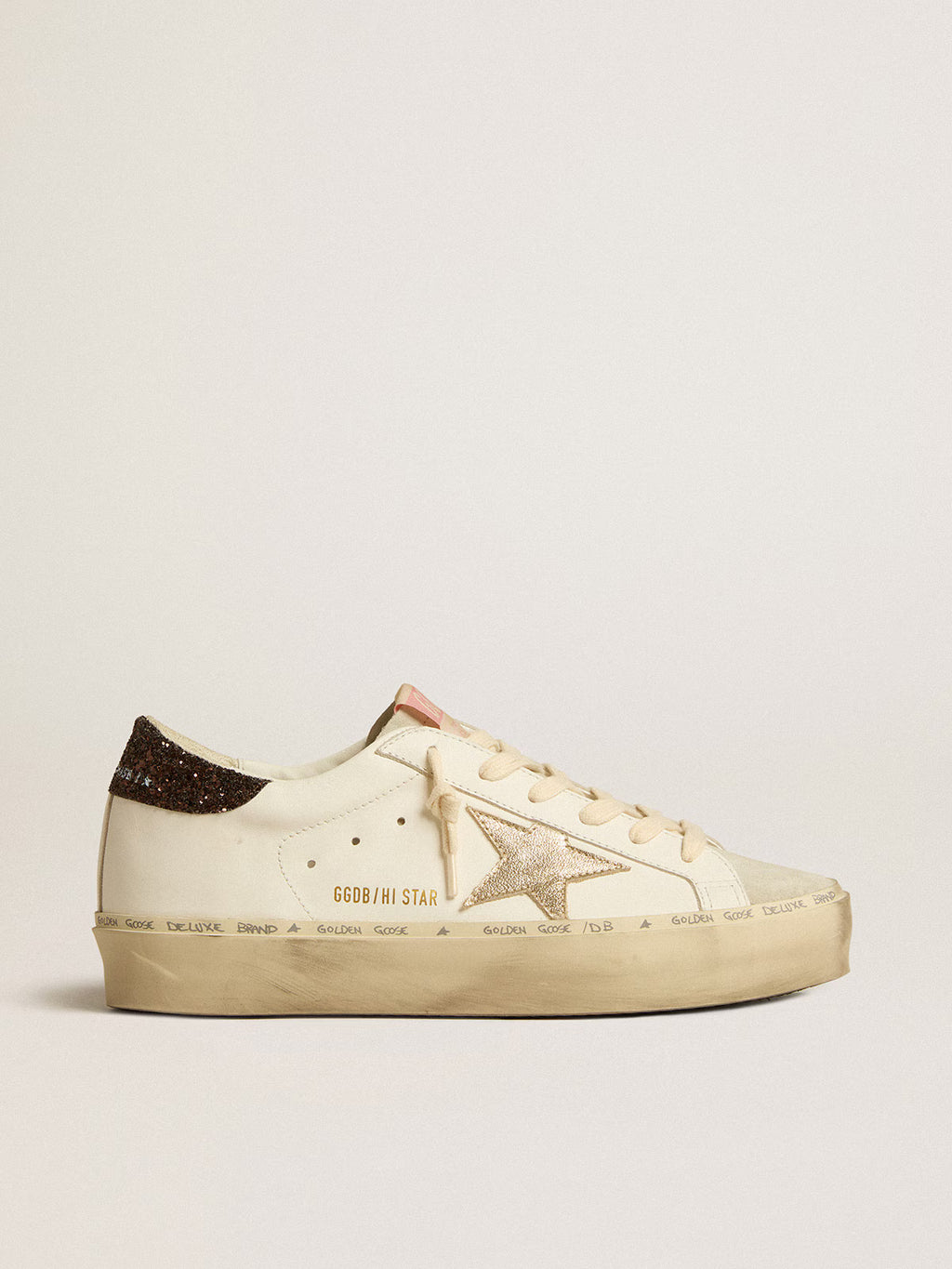 Golden Goose Hi Star, étoile cuir lamé platine, contrefort à paillettes