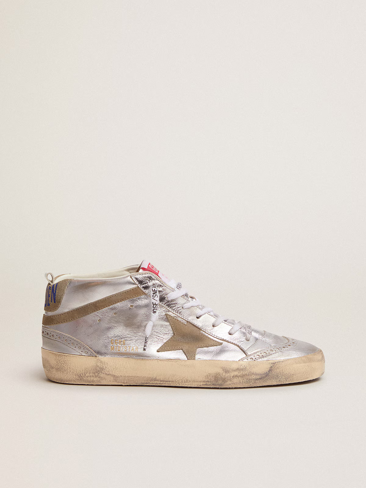 Golden Goose — Mid Star Cuir Lamé Argenté, Étoile & Contrefort Gris Tourterelle