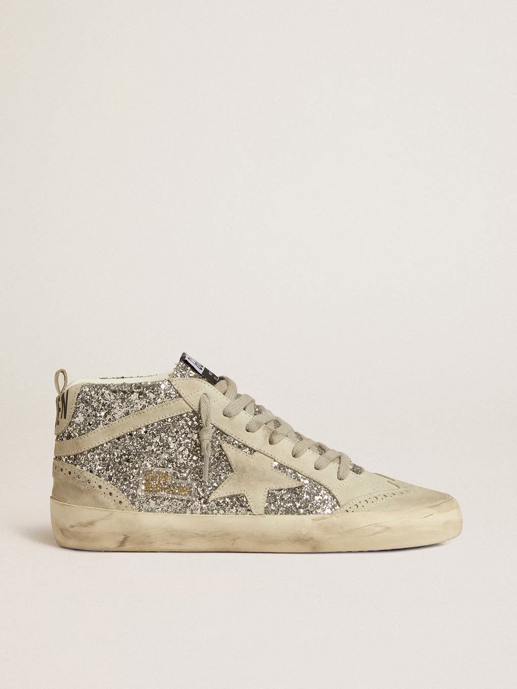 Golden Goose - Mid Star à paillettes argentées , étoile virgule en daim gris
