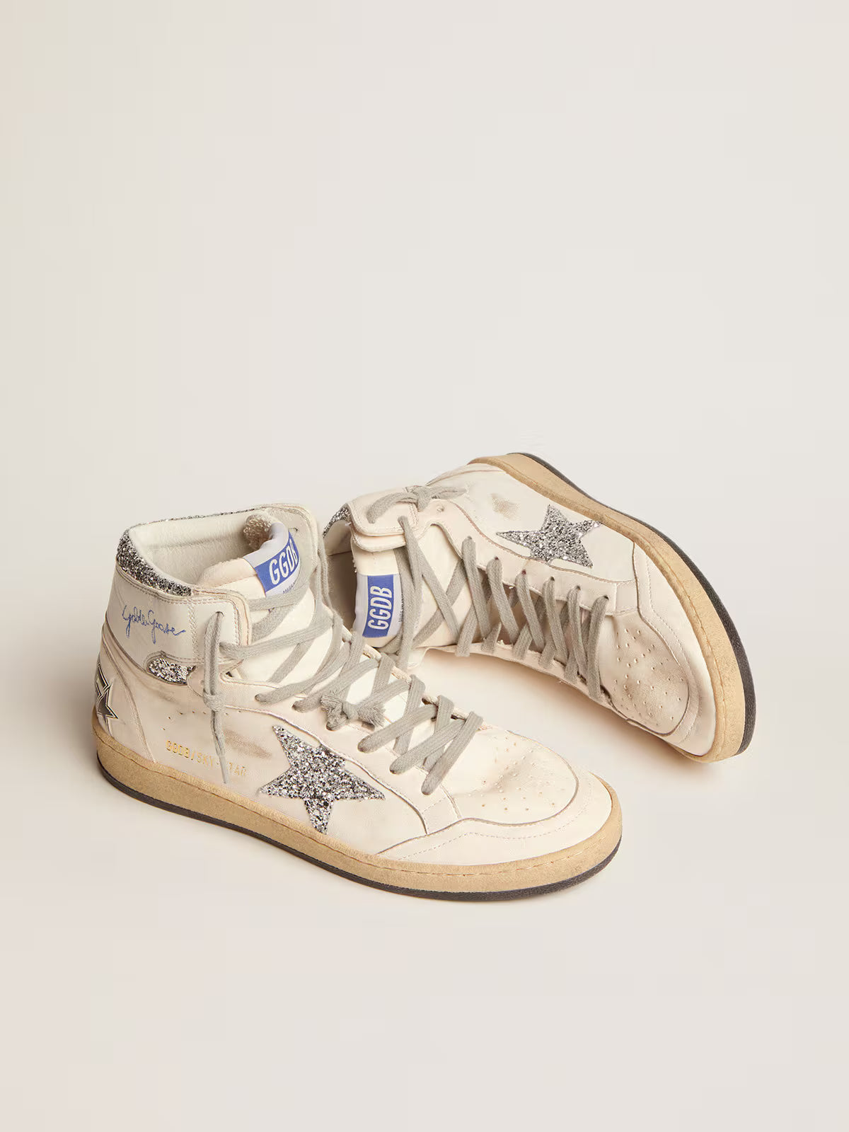Golden Goose - Sky-Star Cuir Blanc, Étoile Paillettes Argentées
