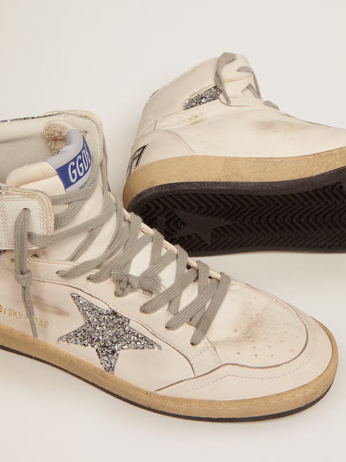 Golden Goose - Sky-Star Cuir Blanc, Étoile Paillettes Argentées