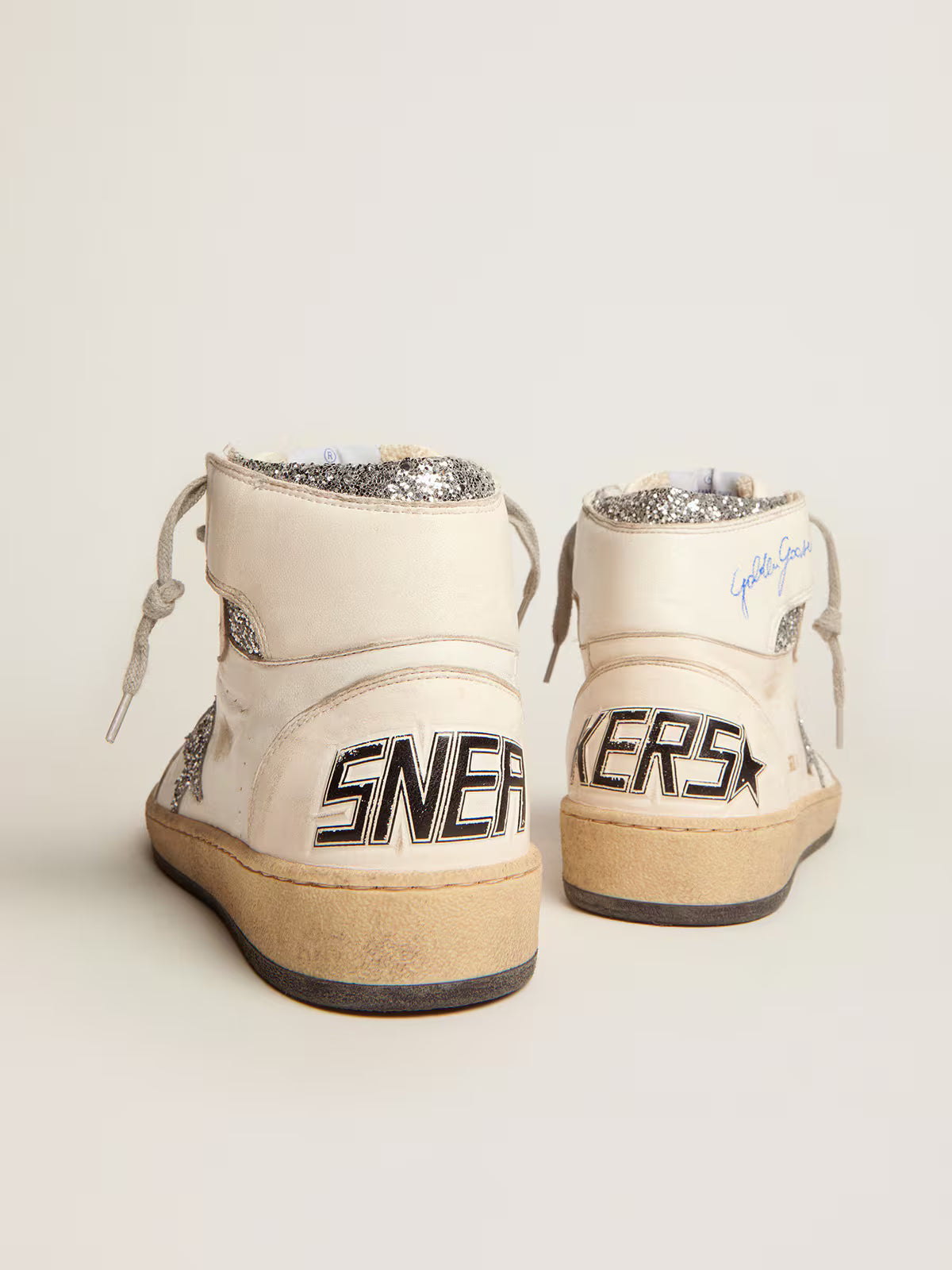 Golden Goose - Sky-Star Cuir Blanc, Étoile Paillettes Argentées