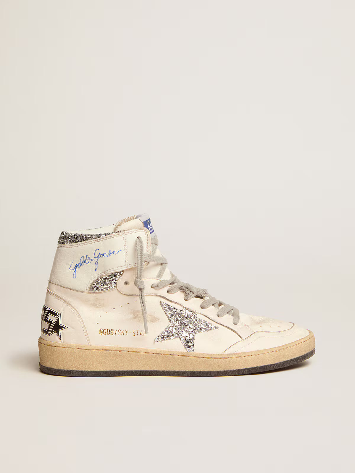 Golden Goose - Sky-Star Cuir Blanc, Étoile Paillettes Argentées