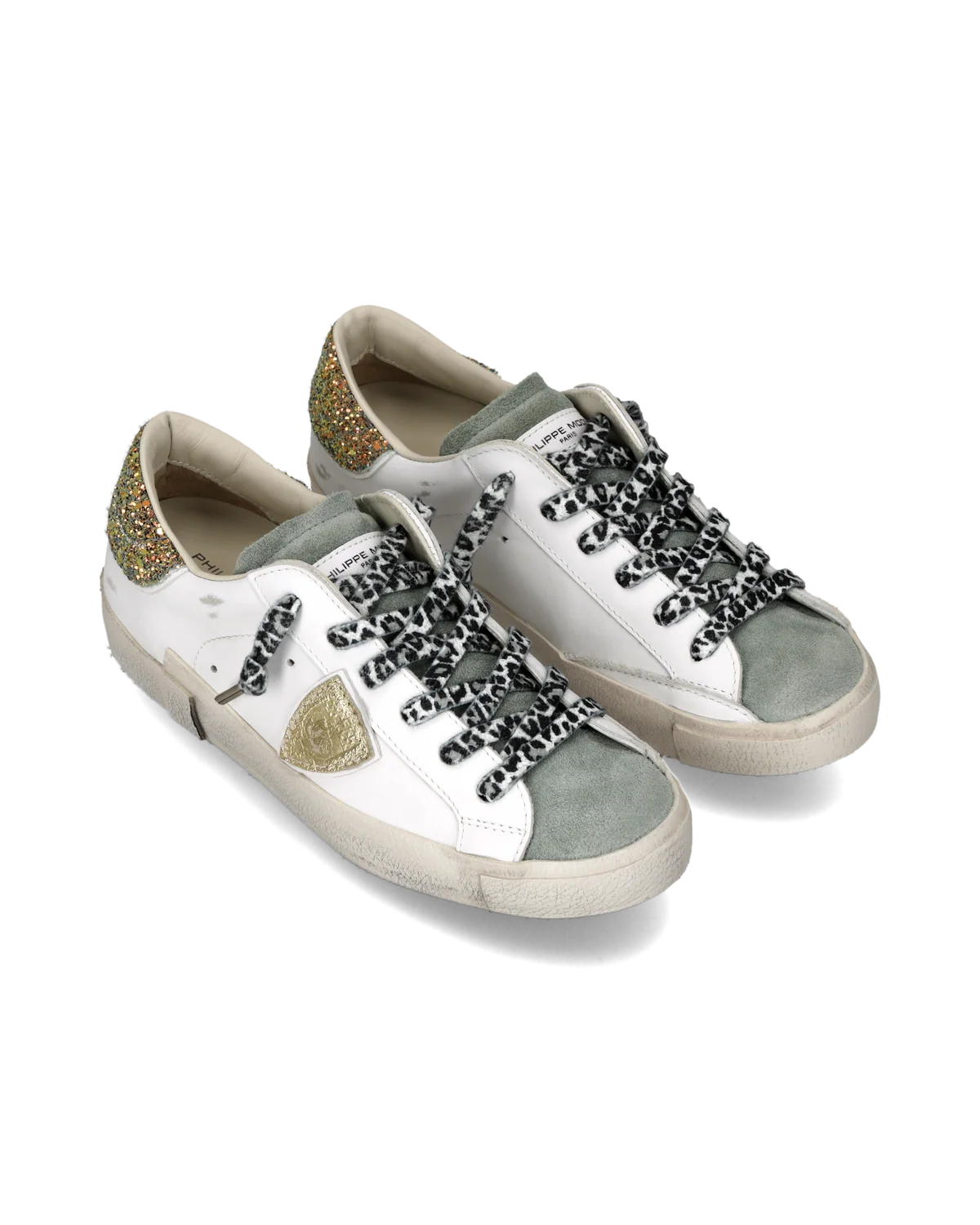 Philippe Model Prsx, contrefort pailleté blanc, bleu ciel et or
