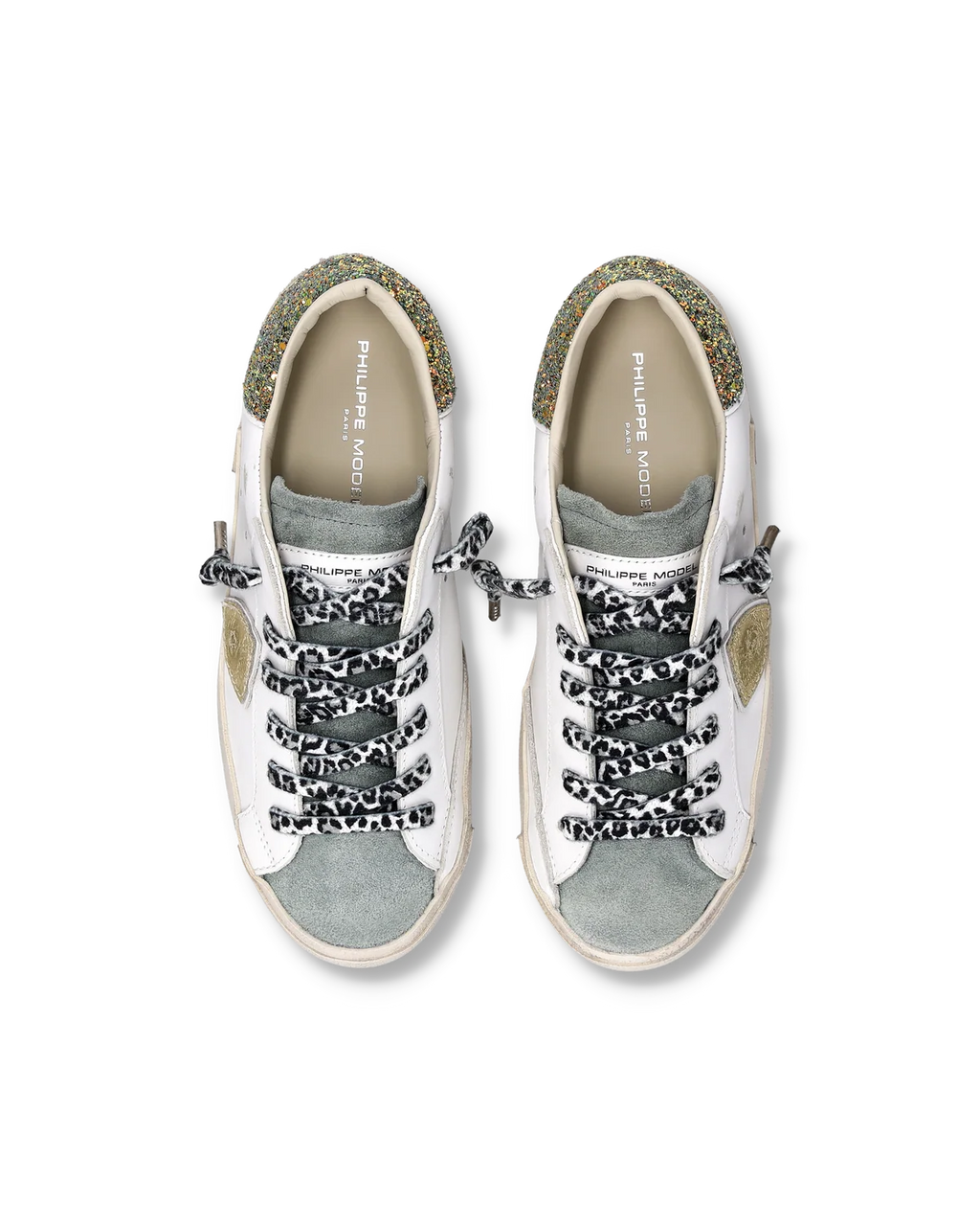 Philippe Model Prsx, contrefort pailleté blanc, bleu ciel et or